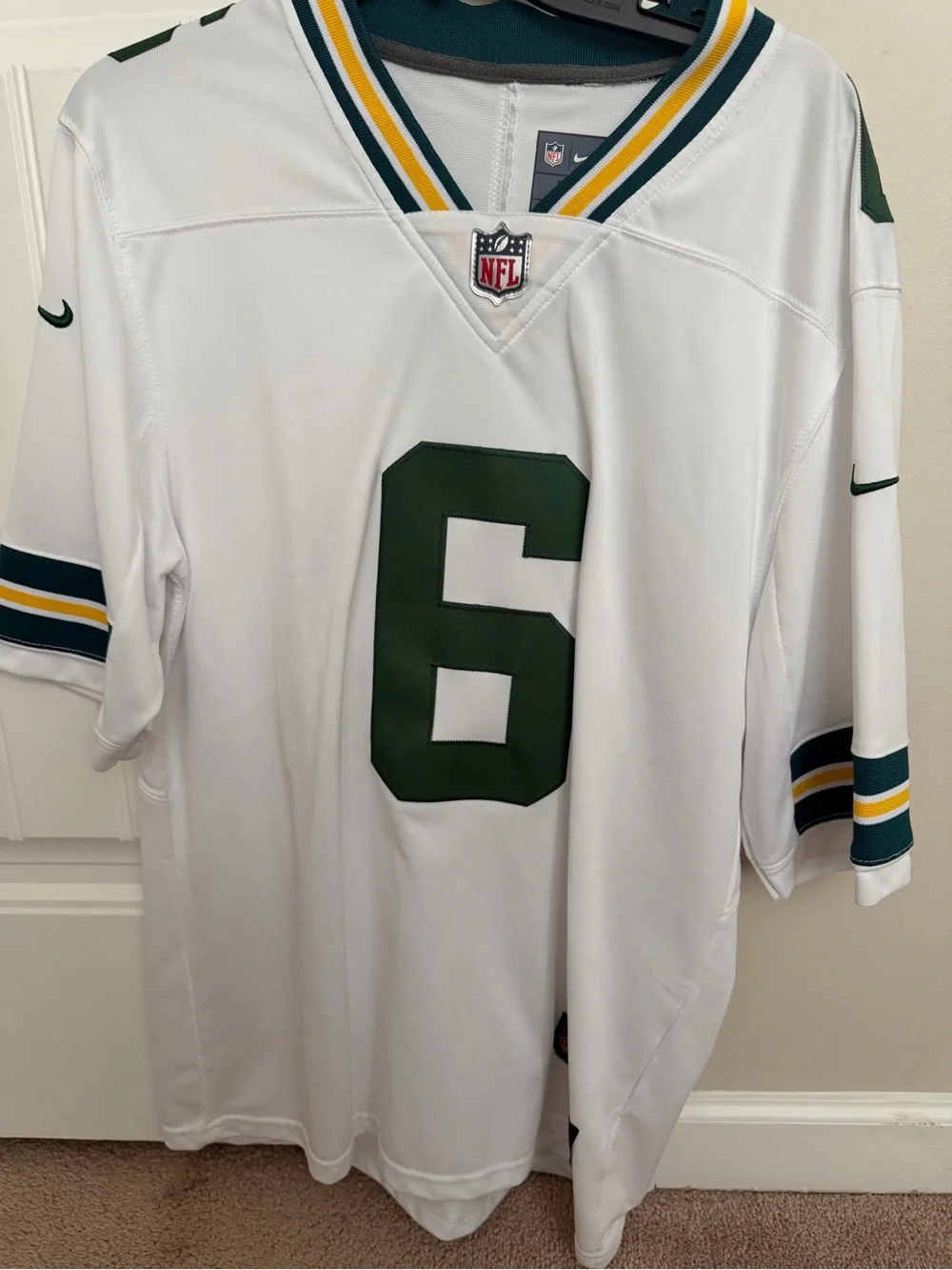 Nike White Green Number 6 NFL Jersey with Gold & Navy Trim